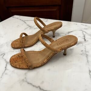 SCHUTZ Taliah Mid Sandal Mules Kitten Heels Sandals Cork Natural Tan sz 6 NWOB